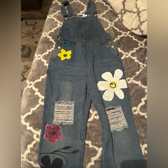 Miss look Flower Painted Blue Jean Denim Overalls Size M - Picture 1 of 3